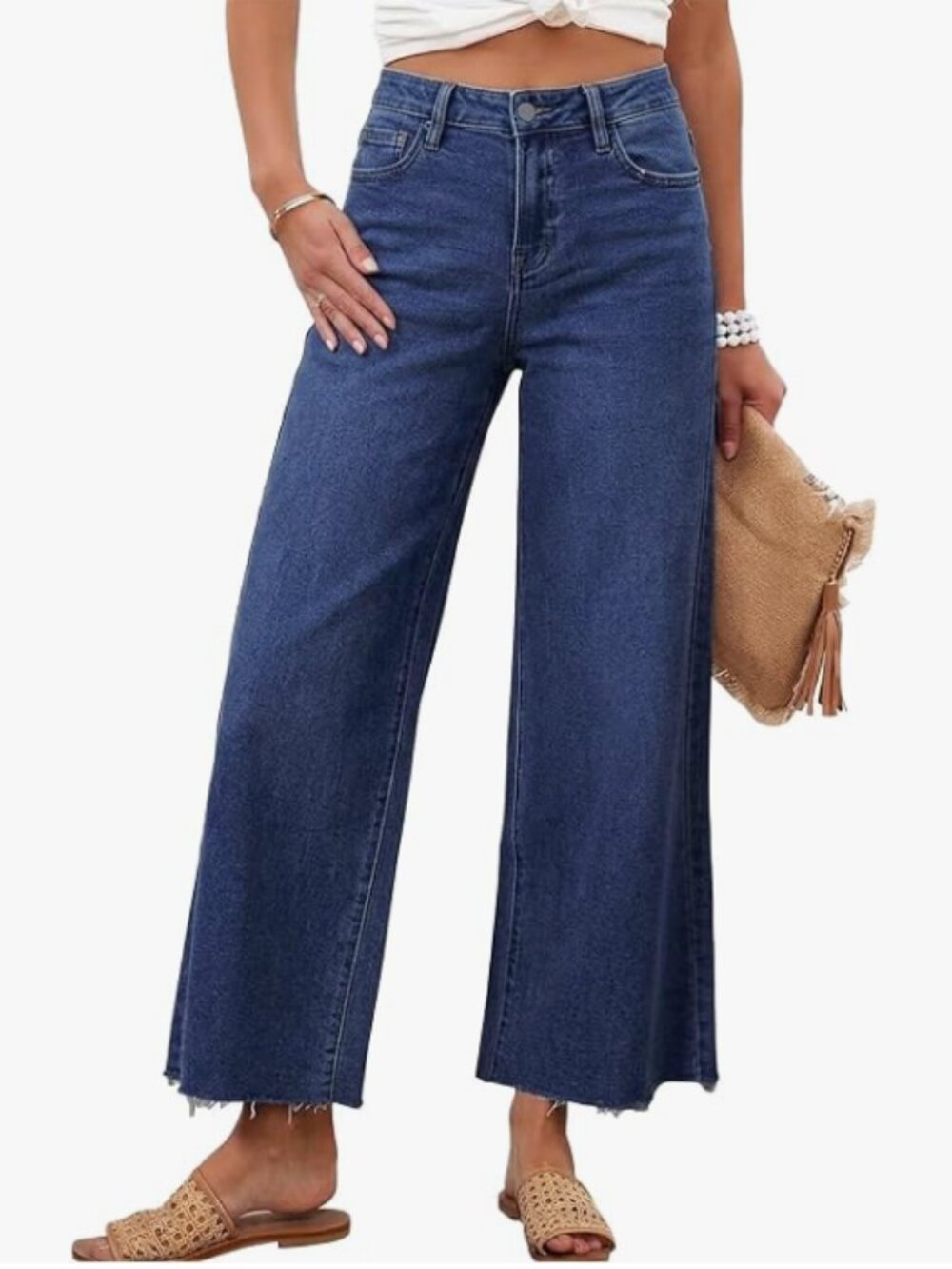 NWT KDF High Waisted Cropped Wide Leg Jeans Blue Raw Hem YF0922 Size 12